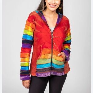 Windhorse Colorful Rainbow Patchwork Ruffle Sleeve Zip-Up Jacket 100% Cotton